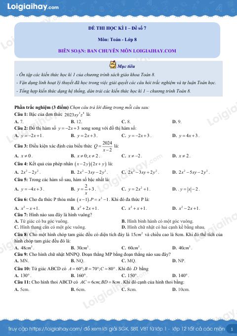 Đề thi học kì 1 Toán 8 Cánh diều - Đề số 7